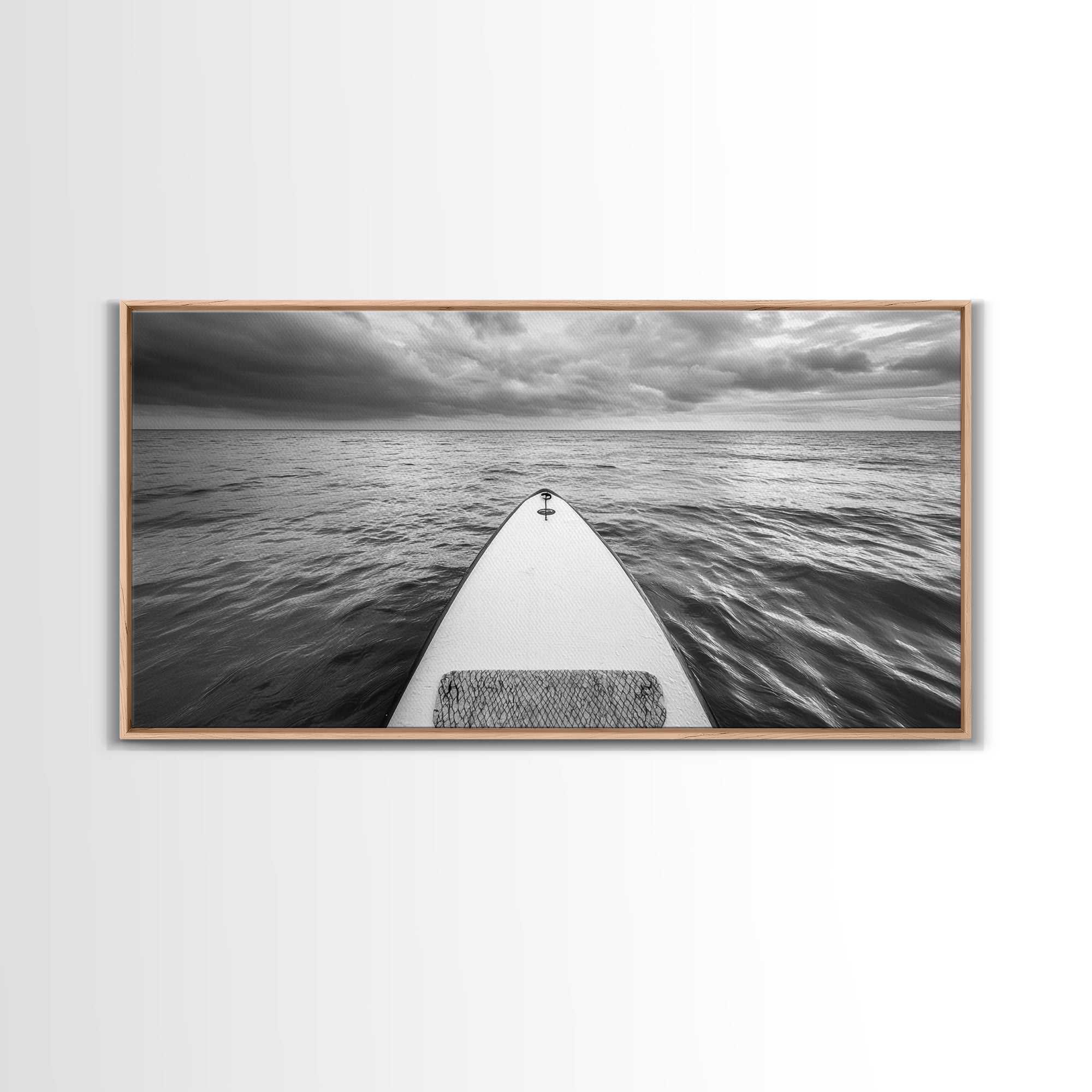 Ocean Horizon Board, Paddleboarding Adventure, Cloudy Sea Landscape, Framed Canvas Print, Modern Coastal Office or Living Room Art