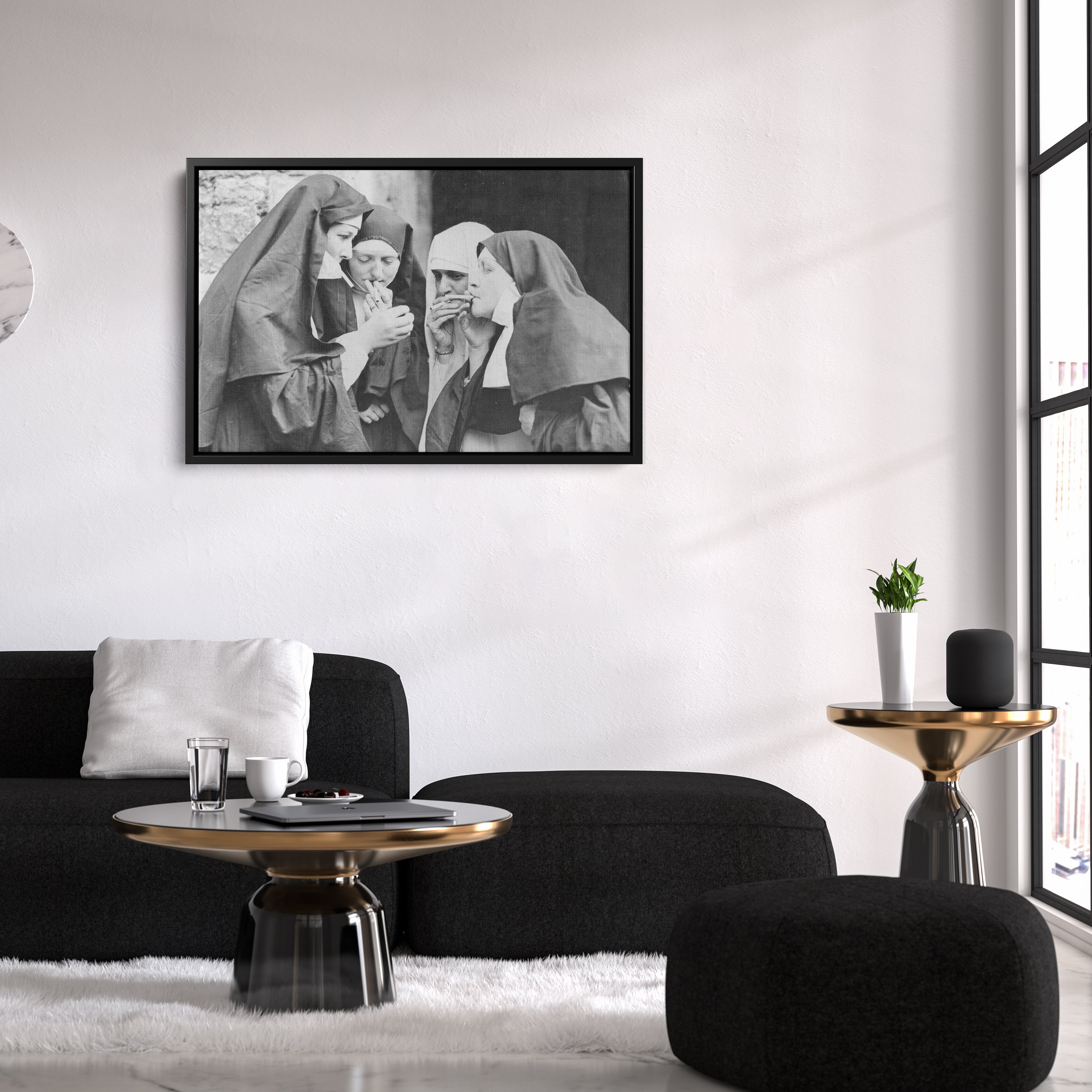 Smoking Nuns Canvas Wall Art - Funny Religious Wall Decor Print