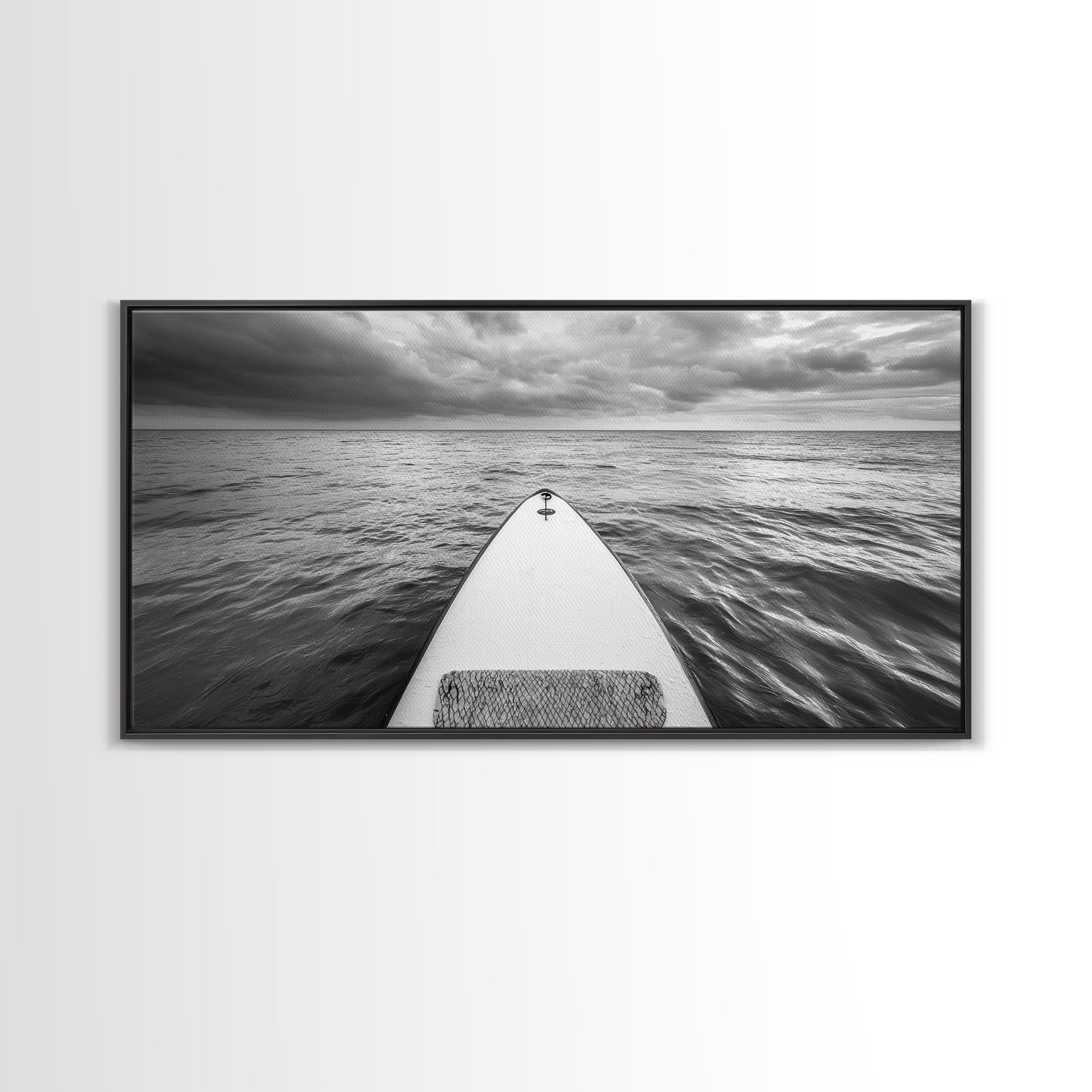 Ocean Horizon Board, Paddleboarding Adventure, Cloudy Sea Landscape, Framed Canvas Print, Modern Coastal Office or Living Room Art