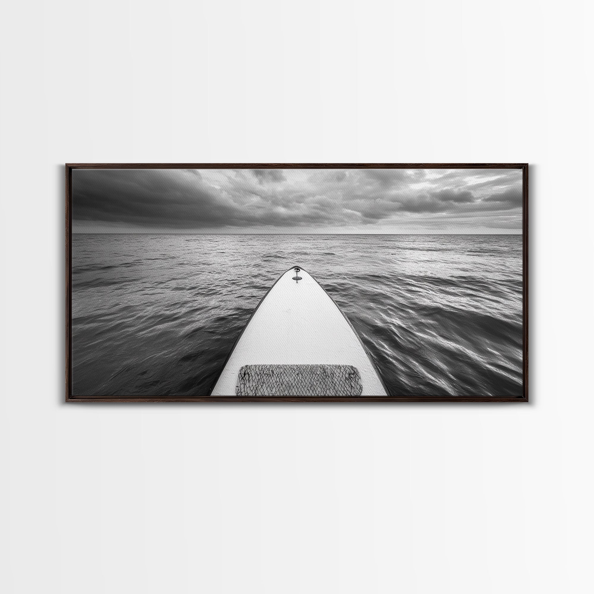 Ocean Horizon Board, Paddleboarding Adventure, Cloudy Sea Landscape, Framed Canvas Print, Modern Coastal Office or Living Room Art