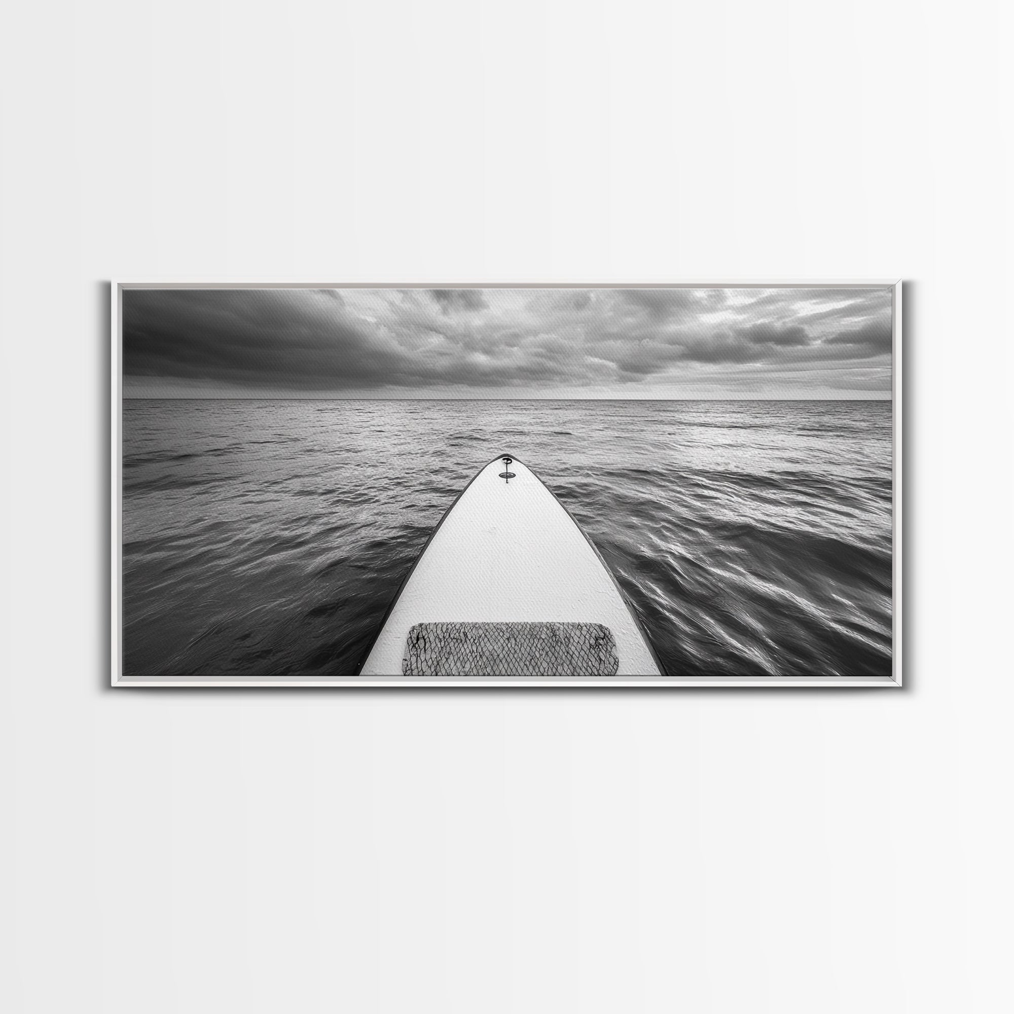 Ocean Horizon Board, Paddleboarding Adventure, Cloudy Sea Landscape, Framed Canvas Print, Modern Coastal Office or Living Room Art