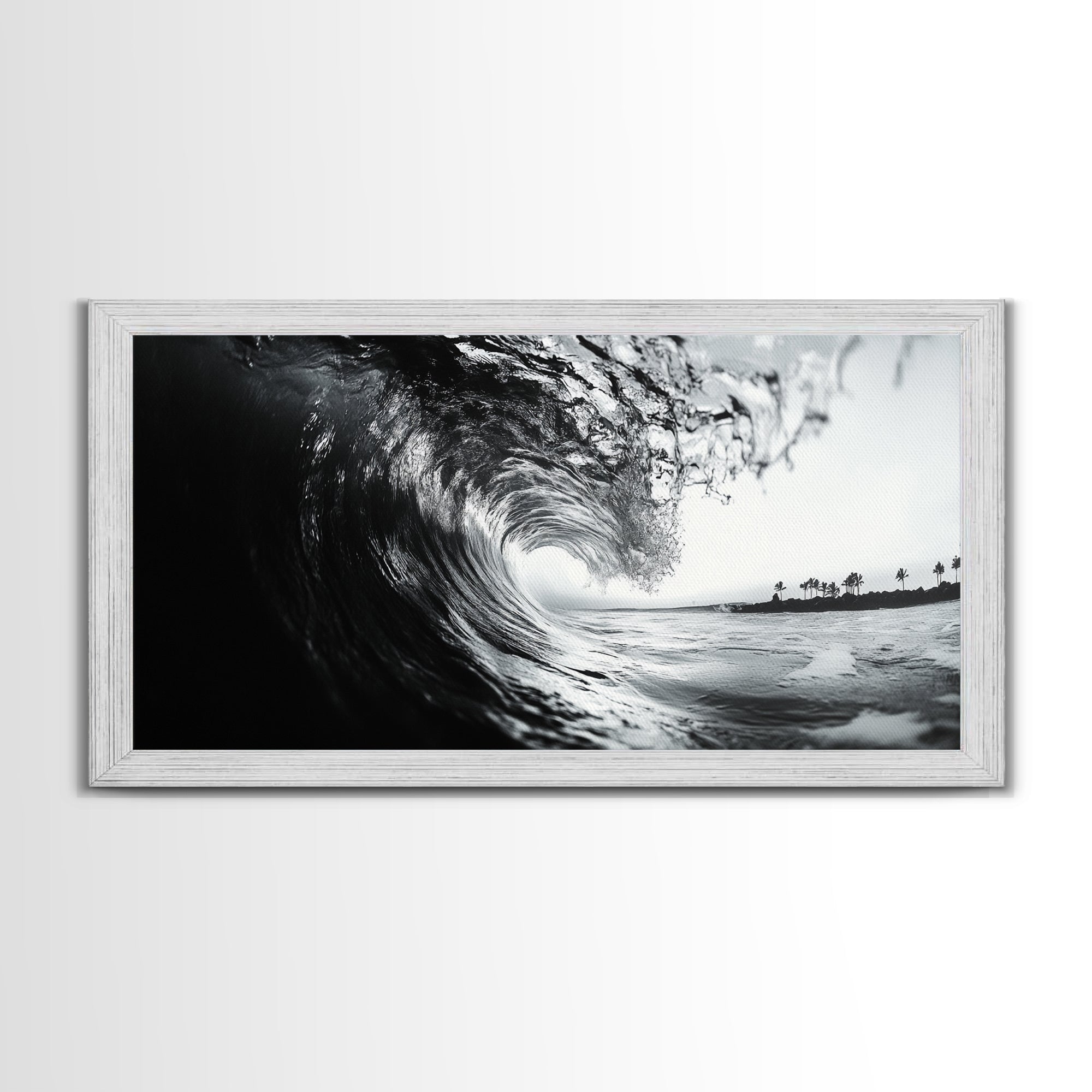 Ocean Wave Curl, Surf Tunnel, Tropical Coastline, Framed Canvas Print, Coastal Wall Art, Beach House Decor, Nature Photography