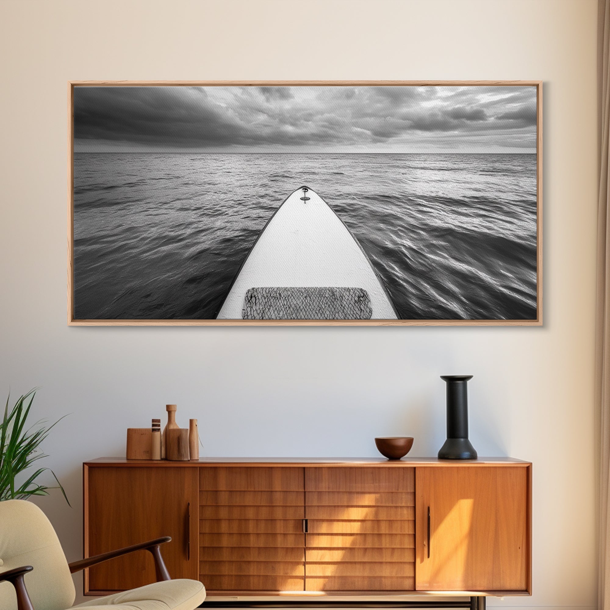 Ocean Horizon Board, Paddleboarding Adventure, Cloudy Sea Landscape, Framed Canvas Print, Modern Coastal Office or Living Room Art