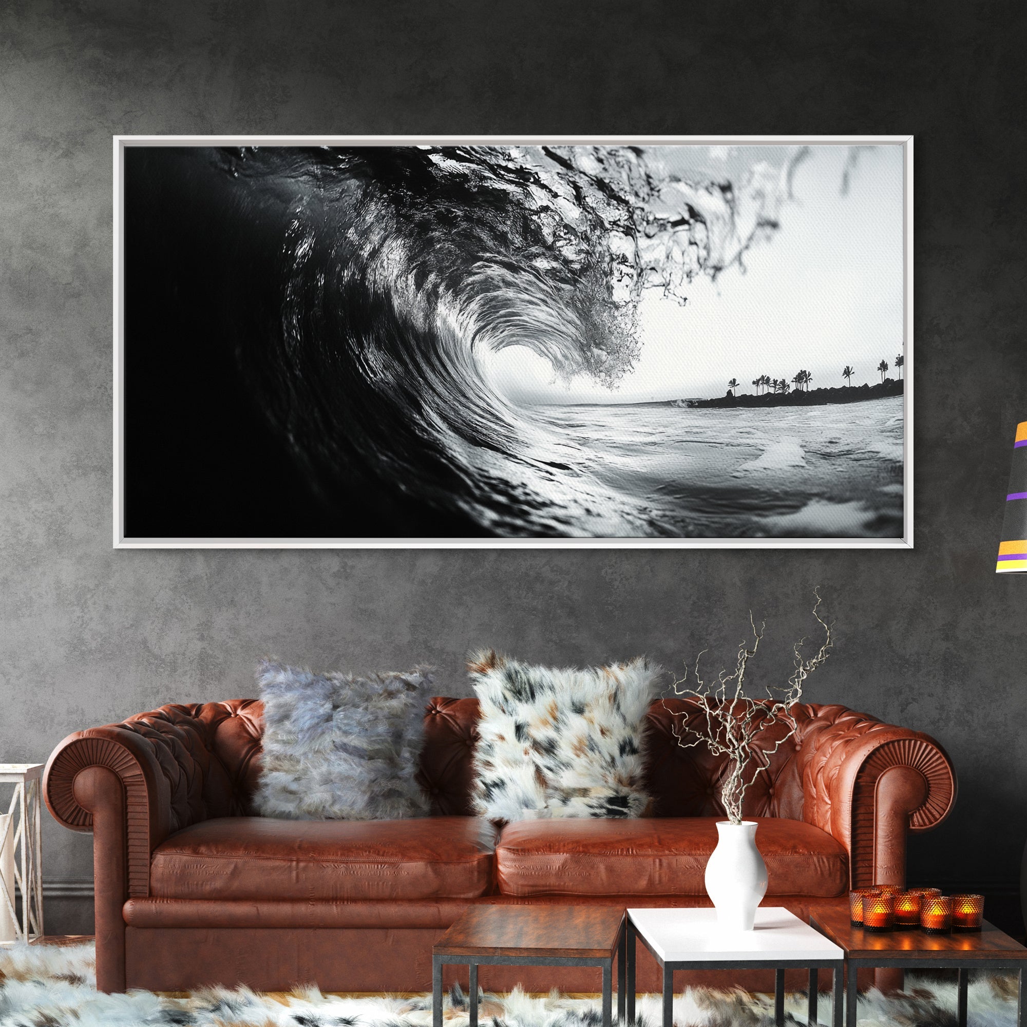 Ocean Wave Curl, Surf Tunnel, Tropical Coastline, Framed Canvas Print, Coastal Wall Art, Beach House Decor, Nature Photography