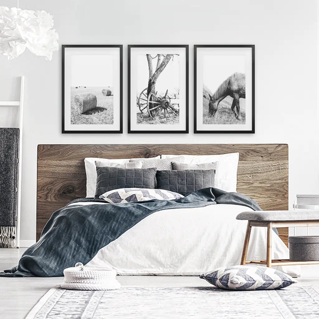 Black White Farm House Wall Décor. Horse, Hay Bales